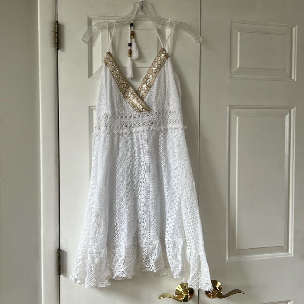 Lacey white sundress with gold accents, size small